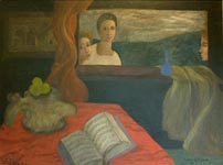 An oil painting by Maeve Gilmore, 1940, depicting elements from her life of real value to her; music, other painters work, and one of the vertibra from the beached whale found by Mervyn on a Sark beach in the 1930's